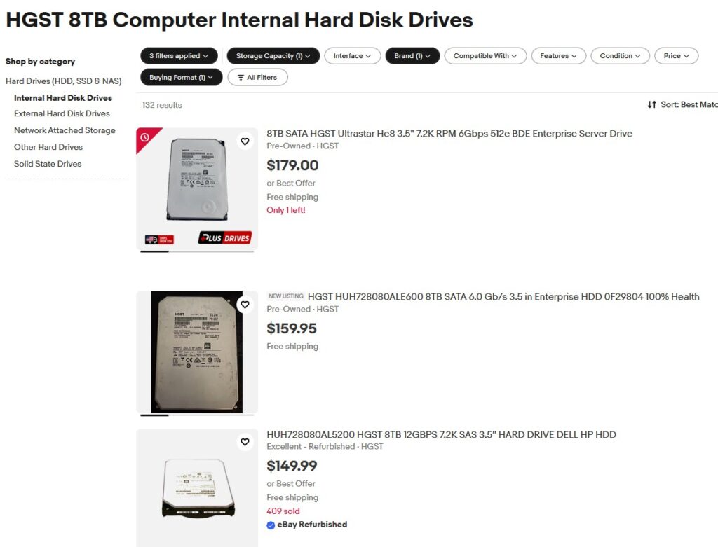 EBay 8TB HGST drives sample auctions