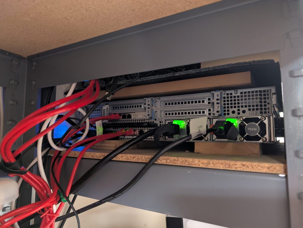 The finished arrangement from behind. Plenty of materials to help with noise, but the server still needs room to breathe.