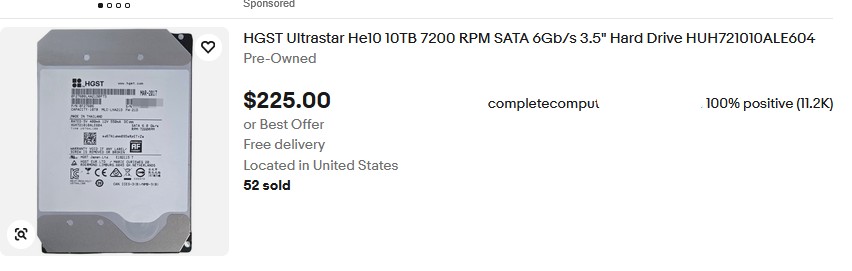 HGST 10TB drives in 2026- $225 each