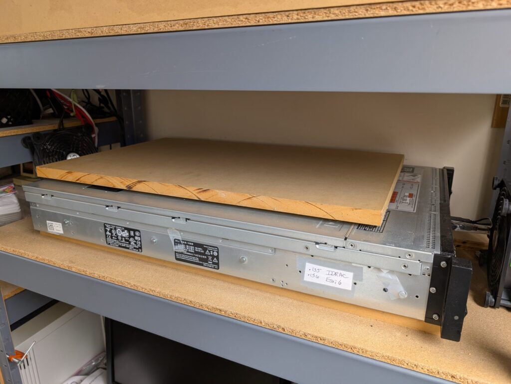 An MDF board above the server adds another layer of mass.